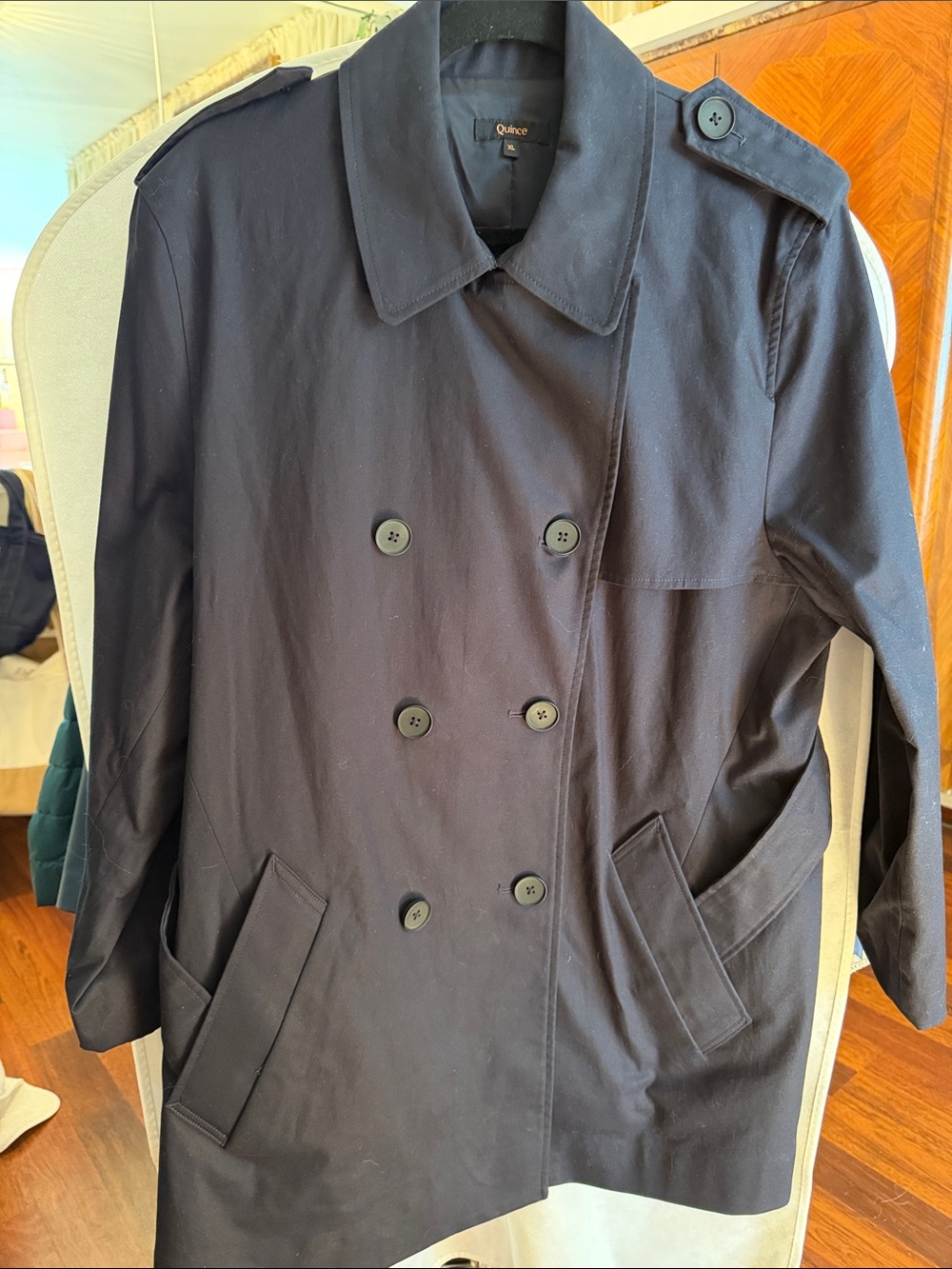 Quince Navy Double-Breasted Trench Coat